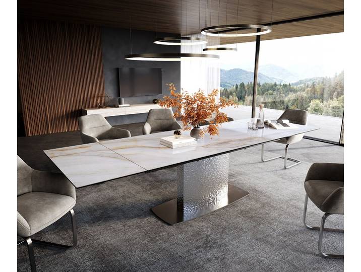 Esstisch Edge 200-300x100 cm Keramik Onyx Pearl Wave Edelstahl ausziehbar, Esstische