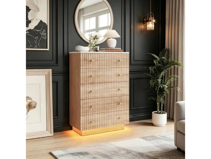 Commode (5 tiroirs) - COMANLAI - Design ondulé suspendu - Éclairage LED réglable - Bois naturel - 73x40x111 cm