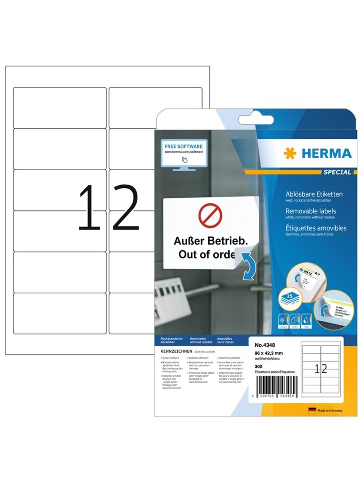 HERMA Ablösbare Etiketten A4, 96 x 42,3 mm, weiß
