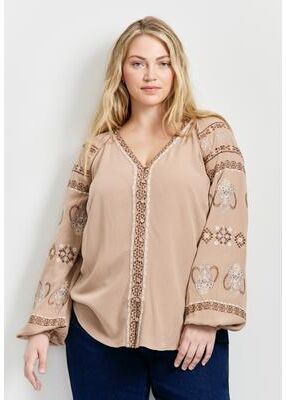 Plus Size Women's Angelina Embroidered Blouse by Aveology by Avenue in Chai (Size 20)