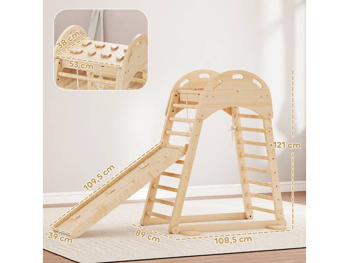 AIYAPLAY Triangle d'Escalade 6 en 1 Bois avec Toboggan Naturel