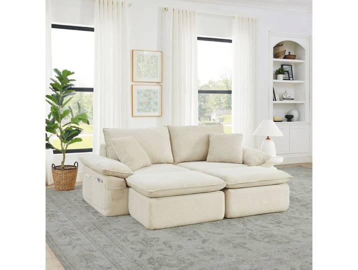 WOVREO Canapé de sol modulable 2 places 210 x 97 x 83 cm sans montage avec pouf tissu beige