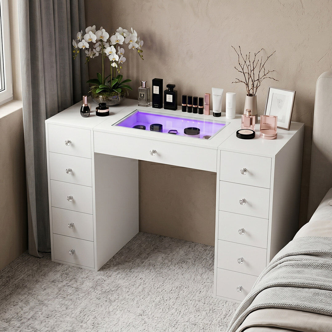 Ebern Designs Dressing Table with LED RGB Lights White 81cm H X 130cm W X 55cm D