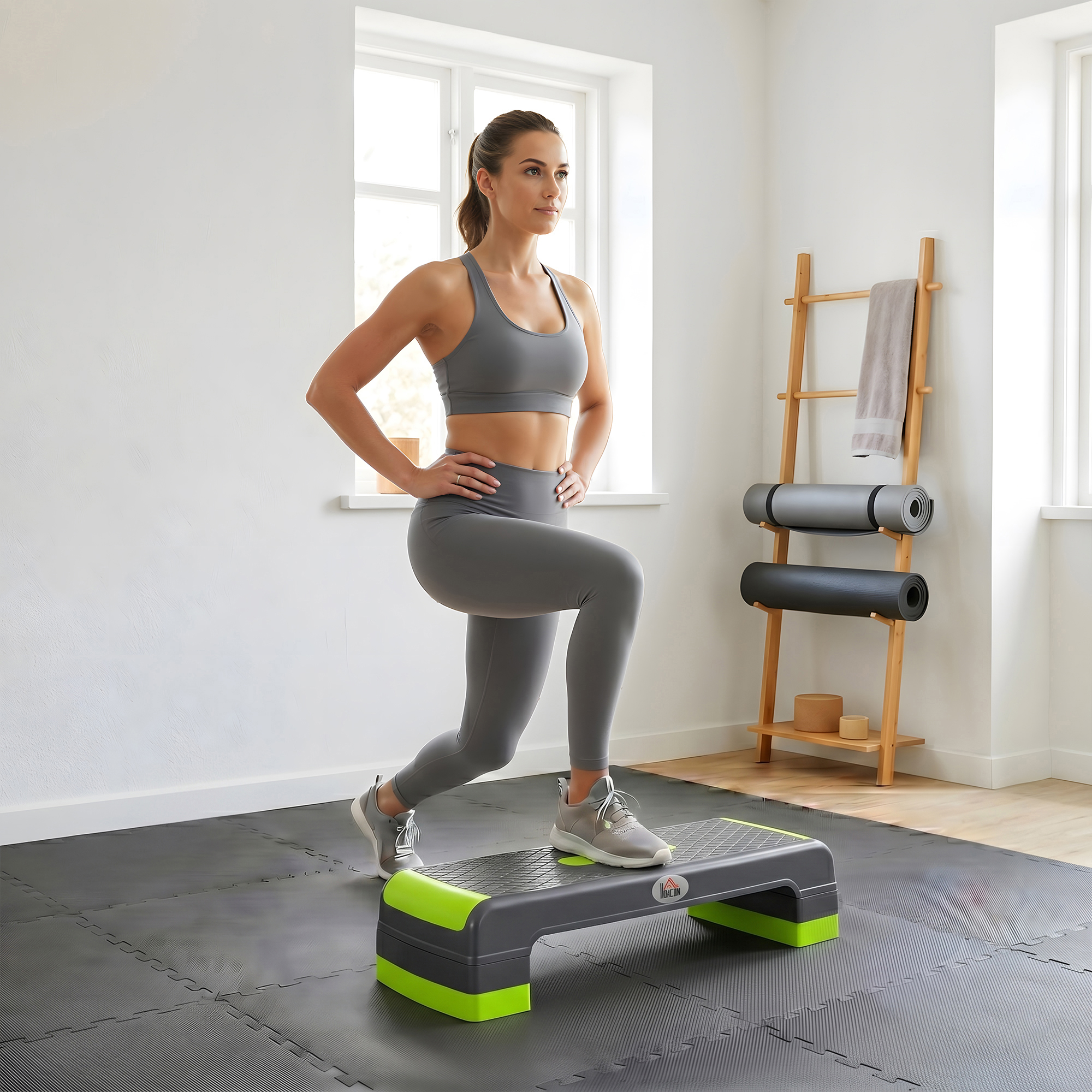 Homcom Step Fitness per Aerobica Regolabile su 3 Altezze 10-15-20 cm in Plastica, Verde e Grigio