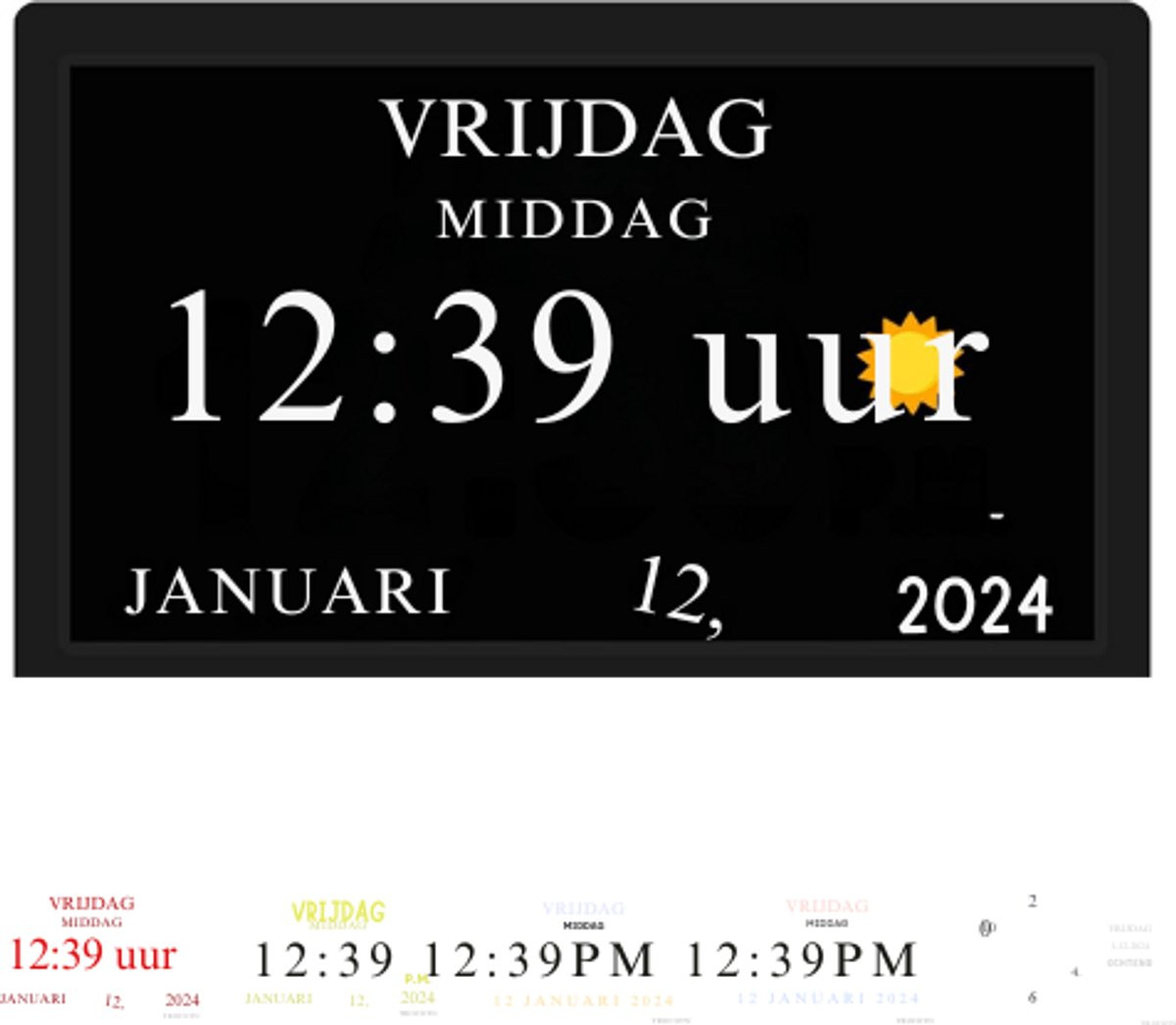 Dementie-klok met grote digitale weergave voor senioren, zwarte wandklok met dag, datum en alarm, 10 inch