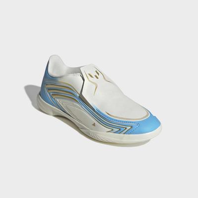 Fußballschuh ADIDAS PERFORMANCE "F50 MESSI LEAGUE KIDS, HALLENBÖDEN, OHNE SCHNÜRSENKEL", Mädchen, Gr. 38, blau (ivory, semi blau burst, icey blau), Synthetik, Schuhe Fußballschuh, für Hallenboden, für Jugendliche & Kinder