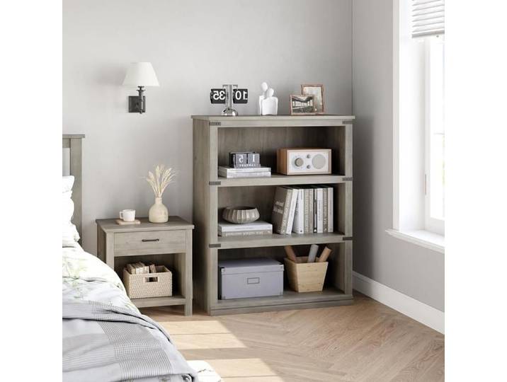 Bibliothèque basse grise 3 niveaux 101 6cm en bois style fermier étagères ouvertes déco maison bureau salon chambre