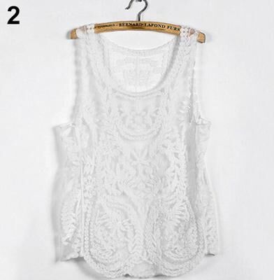Fashion Sheath Elegance Floral Crochet Lace Tank Top Sleeveless Hollow Out Boho Tee Shirt white l