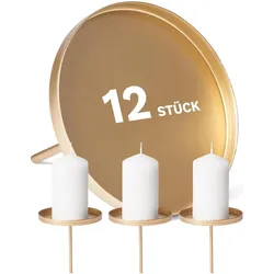Novaliv, Kerzenständer, 12x Kerzenpick Flach Gold 8cm Durchmesser I Kerzenteller mit Dorn I Adventskerzenhalter