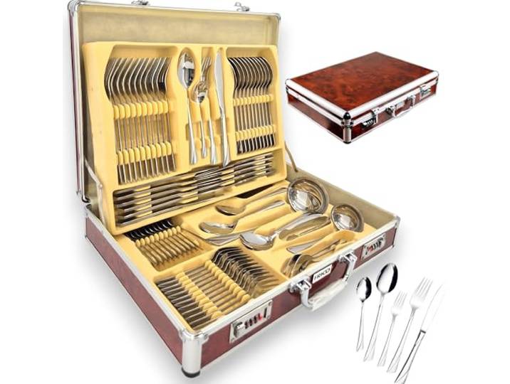 Besteck im Koffer, 72 Teile, 12 Personen, Edelstahl, Gabel, Löffel, Messer 22322D SATIN