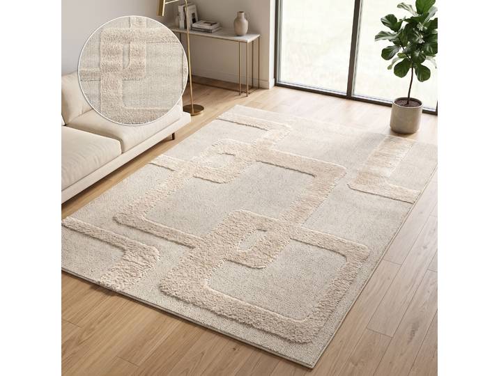 Teppich GOODPRODUCT Modea, geometrisches Muster, 3D , beige, B:200cm H:20mm L:300cm, Kunstfaser, Teppiche, Teppich, Ton-in-Ton, Hoch-Tief, weich, Wohnzimmer, Schlafzimmer