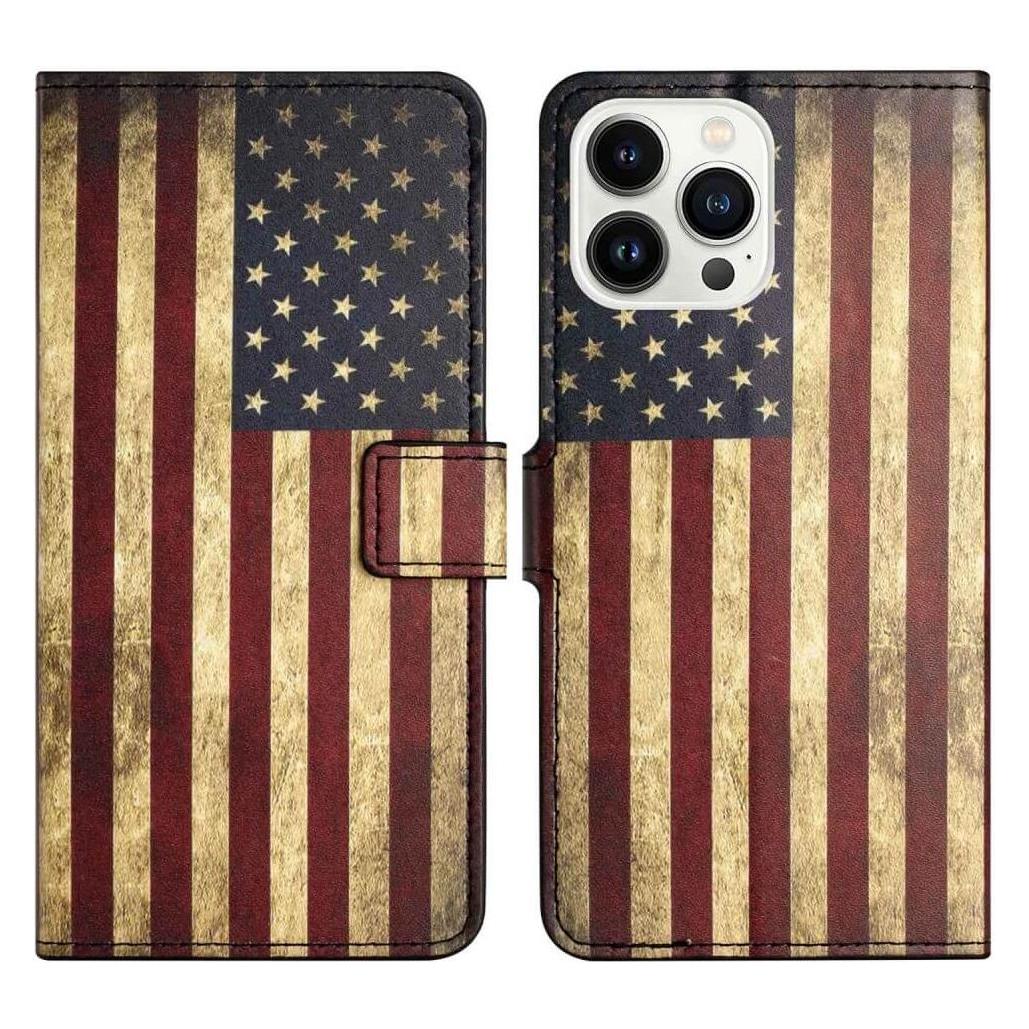 Cover-Discount iPhone 14 Pro Max - Leder Etui Hülle USA Amerika Flagge (Apple iPhone 14 Pro Max) (660107414I)