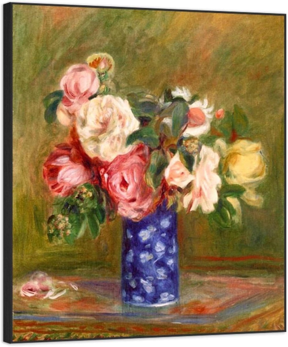 Abstracte Bloemen Canvas Wanddecoratie met Zwart Houten Kader - 40 x 50 cm
