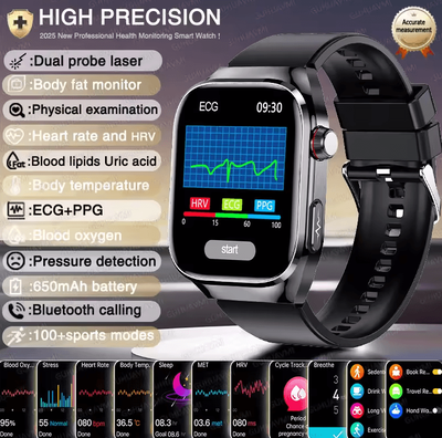 Inspire Curations AI Laser Health Smartwatch With ECG PPG, Uric Acid & Blood Lipids Monitor black