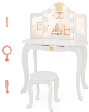 Costway Kids Vanity Set with Tri-fold Lighted Mirror Detachable Top and Stool-White