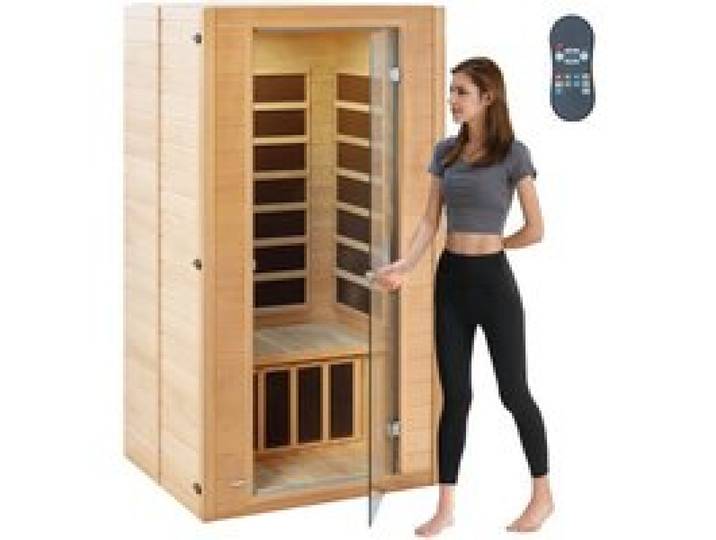 VEVOR Sauna infrarouge lointain pour 1-2 personnes, cabine sauna domestique en bois pruche infrarouge faible EMF avec porte en verre trempé, lampe multicolore, haut-parleurs Bluetooth, chromothérapie