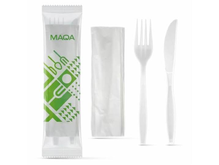 MAQA Biologisch abbaubares und kompostierbares Party Besteckset, Gabel und Messer einzeln verpackt mit Serviette, bis Besteck 500
