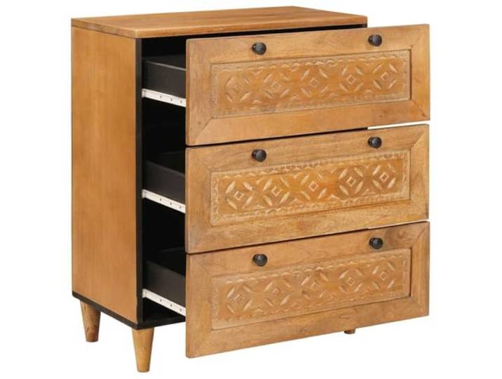 HKLGBVCR Anrichte, hellbraun, 60 x 33 x 75 cm, Mangoholz, massiv Rechteckige Form, strukturierte Oberfläche, klare Linien, Schubladen und Fächer, Retro-Griffe, konische Beine, Rückseite aus