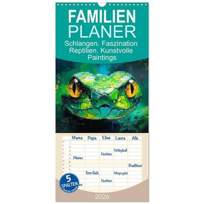 Familienplaner 2026 - Schlangen. Faszination Reptilien. Kunstvolle Paintings mit 5 Spalten (Wandkalender, 21 x 45 cm) CALVENDO