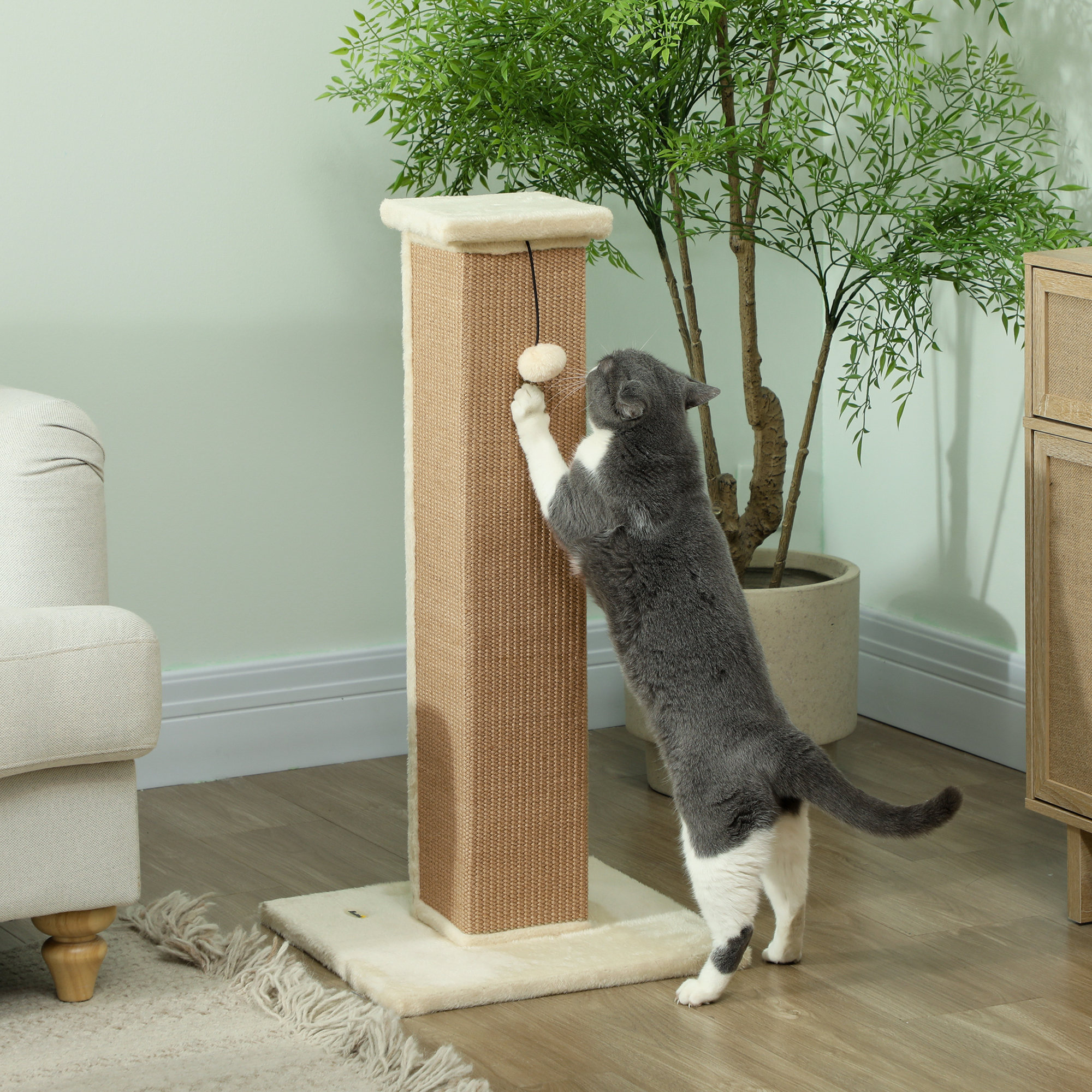 Pawhut Tiragraffi ad albero con pallina, peluche e juta, 41x41x81 cm, beige   Aosom Italy