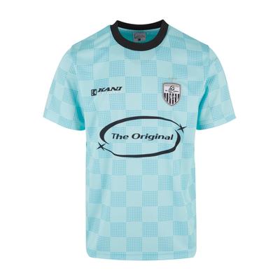 T-Shirt KARL KANI "Karl Kani Karl Kani OG Sport Star Check Trikot", Damen, Gr. L, blau (lightblau, schwarz), 100% Polyester, bedruckt, normal, Rundhals, Shirts T-Shirt