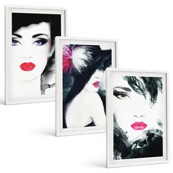 BILDER SET 3er Set - 40x60 cm Weißer Rahmen - Porträts von Frauen mit Lippen