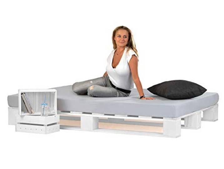 sunnypillow Paletten Bett aus Holz Holz Bett 160x200cm Weiß Massivholz Bett Bett aus Paletten Palettenmöbel Fichte europalette Weiss 80 90 100 120 140 160 180 200 220 240x200cm