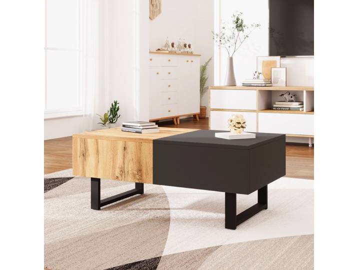 Table basse salon rangement coulissant Push - pull Style industriel Minimaliste métal 100x55x40cm Bois noir