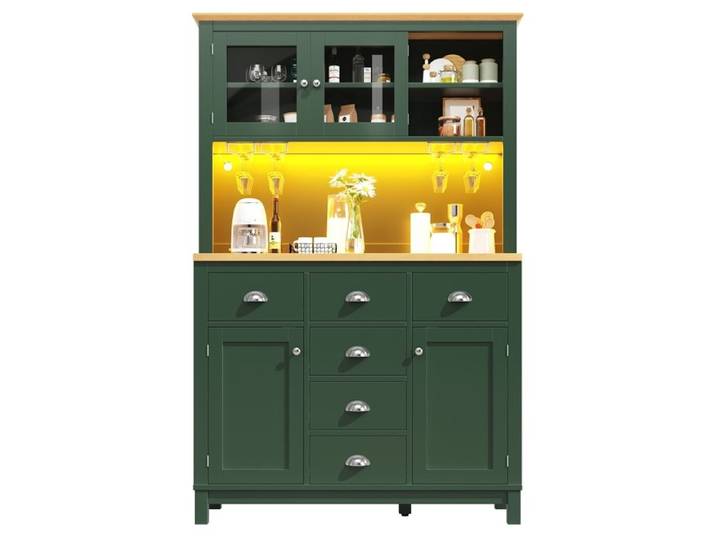 Armoires Cuisine Meuble Buffet Cuisine avec LED Haut Vaisselier avec 4 Portes et 6 Tiroirs MDF Buffet Salon 104x40x180cm Vert