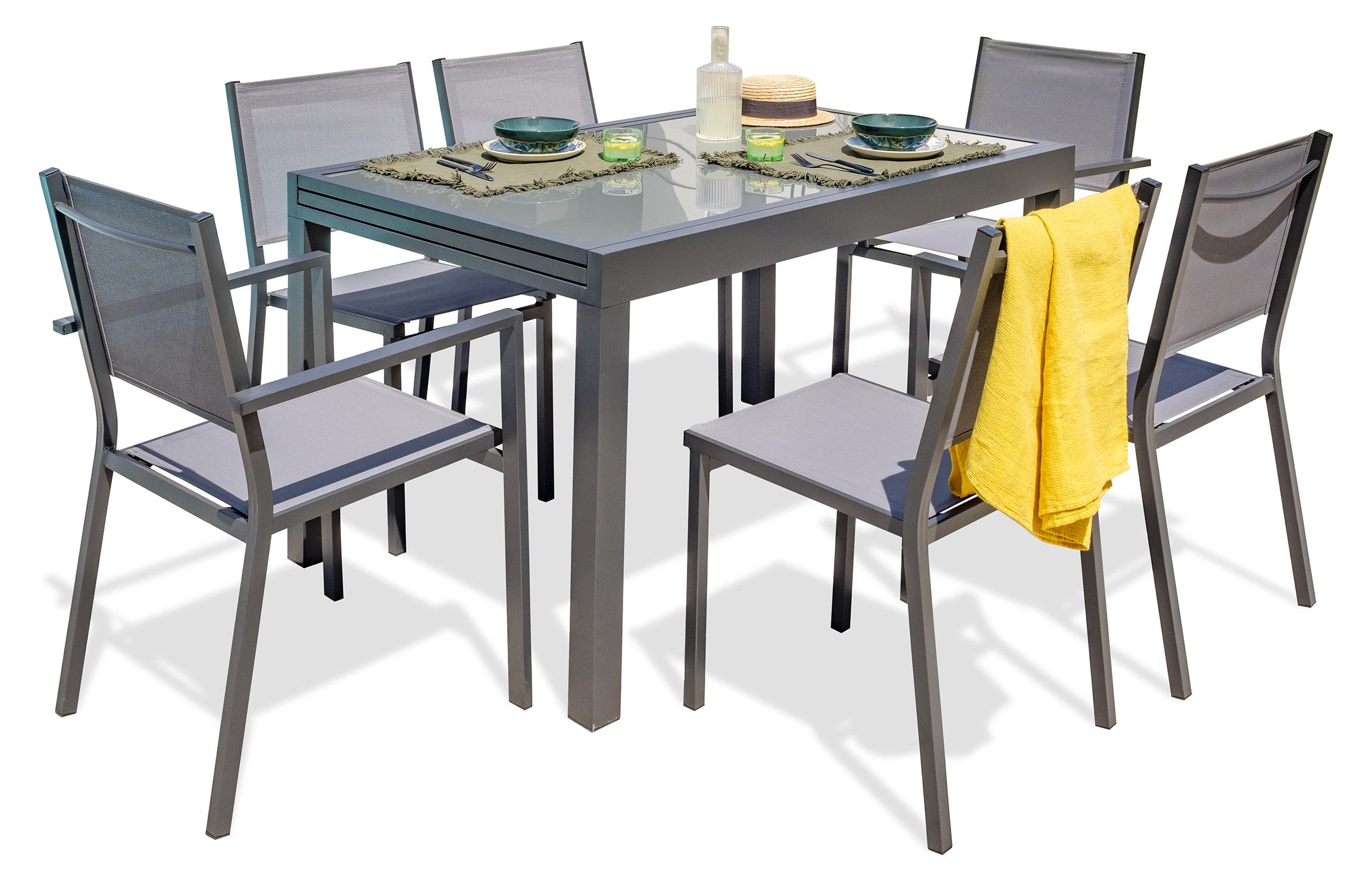 6-Sitzer-Essgruppe ausfarbenem Aluminium und Glasplatte