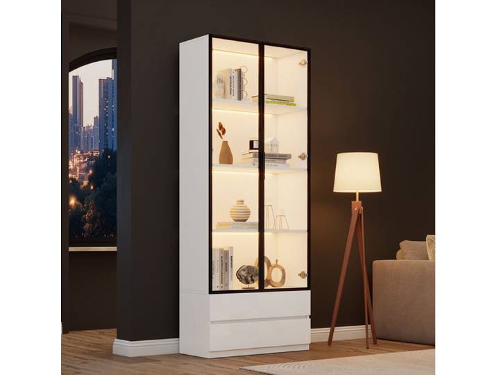 SENVIRO Vitrine haute 80 x 34 x 200 cm blanche 2 portes vitrées 2 tiroirs LED contrôlable par application