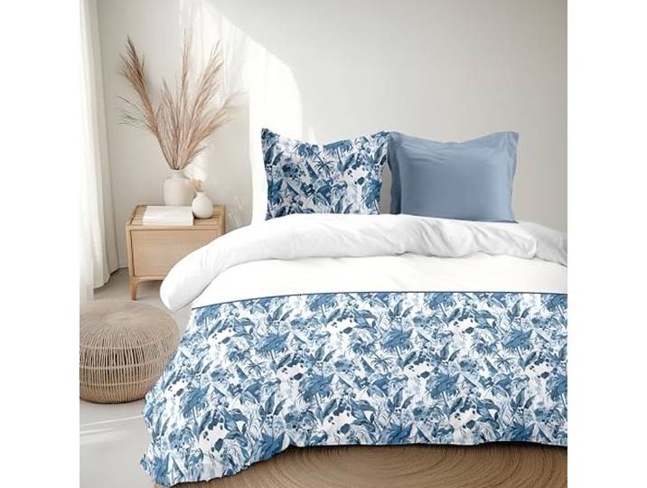 HOME LINGE PASSION Parure de Couette 240x260 cm Bleu La Nomade 3 pièces\, Percale de coton douce\, Housse + taie