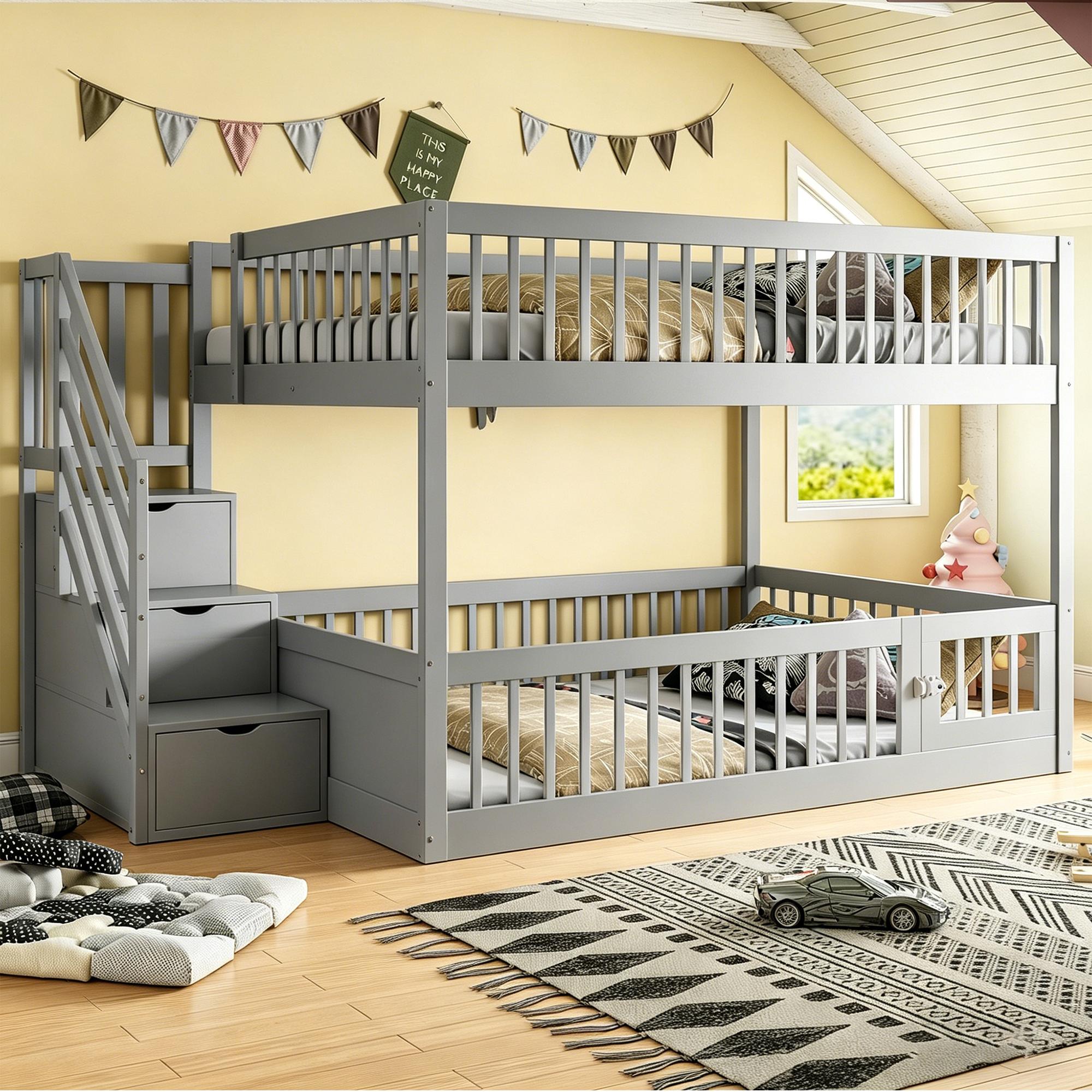 MODFU Etagenbett Holzbett 140x200 Doppelbett mit Schubladen und Schiebetüren Kinderbett mit Sicherheitsgeländer für Kinder und Jugendliche ohne Matratze Grau