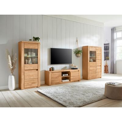 Wohnwand OTTO HOME "BURANO 3-teilig, Lowboard mit Kabeldurchführung, 290cm Breite", braun (eiche teilmassiv), Holzwerkstoff eichefarben (Korpus) / Massivholz Eiche (Front), Holz teilmassiv, Kastenmöbel-Sets, Wohnwand, Fronten aus Massivholz, Korpus...