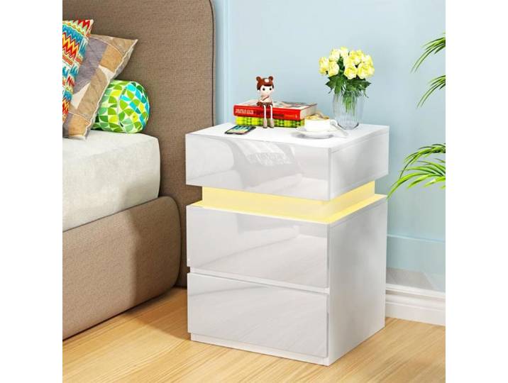 Table de Chevet LVHCMFOHM 3 Tiroirs Table de nuit Brillante Blanc Chevet avec LED 40x35x55 cm