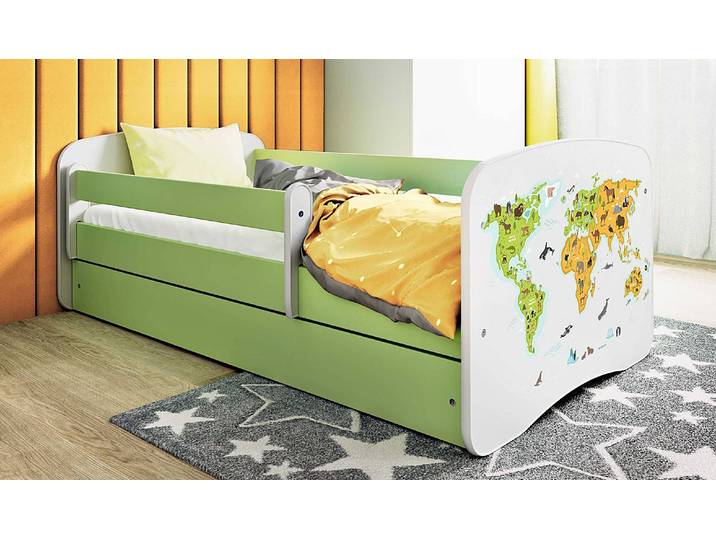 Einzelbett Buyo - Weltkarte 80 x 160cm mit Lattenrost Grün/Hellgrün