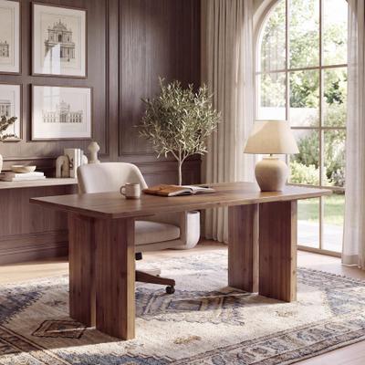 1Easylife 63'' Solid Wood Executive Desk with Double Slab Legs for Home Office, Farmhouse Computer Desk with Large Tabletop, Writing Table
