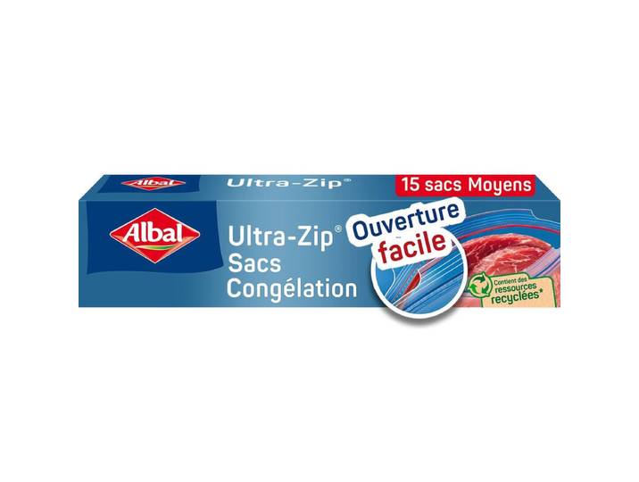 ALBAL Ultra-Zip sacs de congélation moyens, fermeture double zip, 27 x 24 cm, 3 L, lot de 15, fabriqués avec 70 % de matériaux recyclés