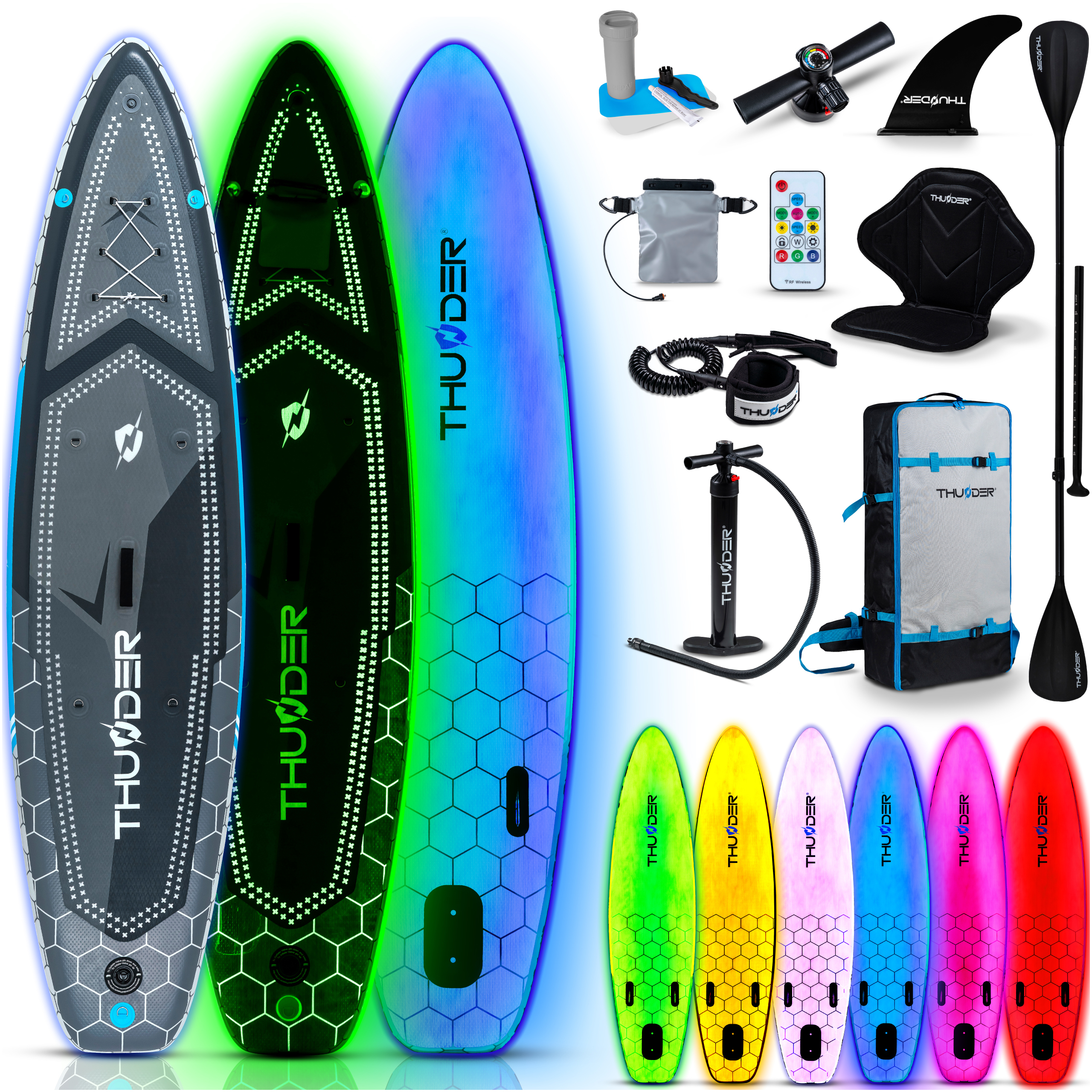 THUNDER Stand Up Paddle Board | LUMOS | 320x75x15cm | LED RGB | Bis 150kg | Komplettset | Aufblasbar | Paddleboard | SUP Zubehör | Kajak Sitz