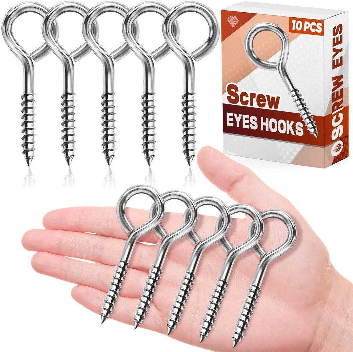 10x Schroefhaken RVS - Zware kwaliteit oogbouten voor binnen en buiten - 6,5 cm - 90 kg draagkracht