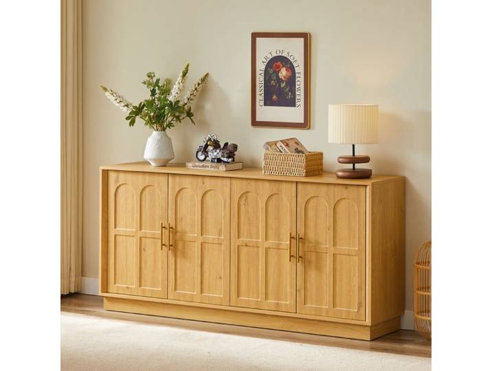 Buffet bas – MDF – Naturel – 169 cm – portes arrondies – rangement salon cuisine salle à manger