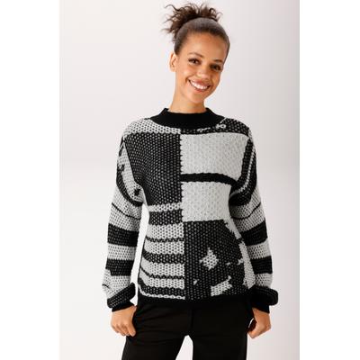 Strickpullover ANISTON CASUAL, Damen, Gr. 34, schwarz-weiß (schwarz, wollweiß), Grobstrick, Obermaterial: 100% Polyacryl, Jacquardmuster, gemustert, oversize hüftlang, Rippstrickbündchen, Pullover Strickpullover, im attraktiven Patch-Dessin und...