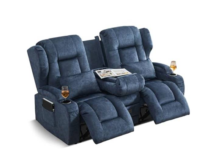 SAMERY Relaxsessel mit Liegefunktion Fernsehsessel Manuell Verstellbar, Zweisitzer Sofa Kinosessel 2 Sitzer Sofa TV Sessel Heimkino mit Getränkehalter/Schublade/Buchse, Velours