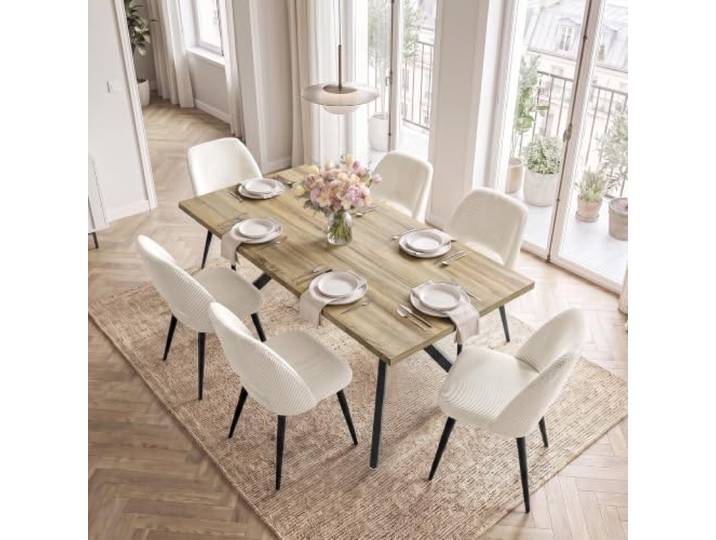 ANVOFONG Essgruppen in helles Holz,Esstisch mit 6 Beige-Stuhl Esstisch in 140 x 80 x 76 cm mit 4 Ergonomischer Design aus Cord Esszimmerstühle, für Esszimmer, Küche, Wohnzimmer