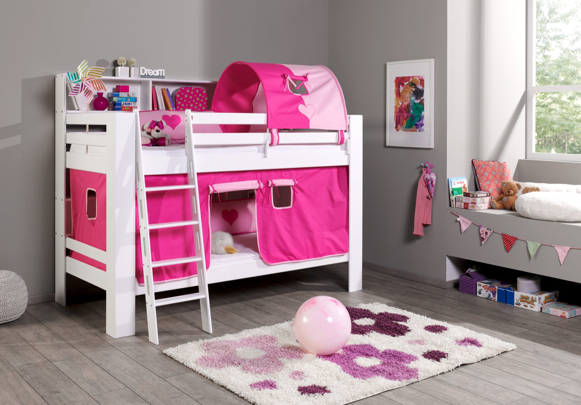 Relita Etagenbett Jan mit Bücherregal, Vorhang und 1-er Tunnel, 90 x 200 cm, pink/herz
