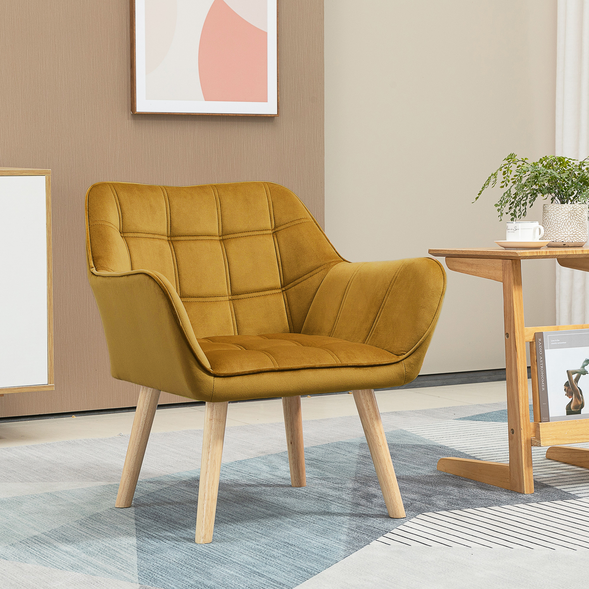 Homcom Poltrona Imbottita, Poltrona da Accenti, Design Scandinavo, Velluto, fino a 120 kg, Gambe in legno di Gomma, Giallo