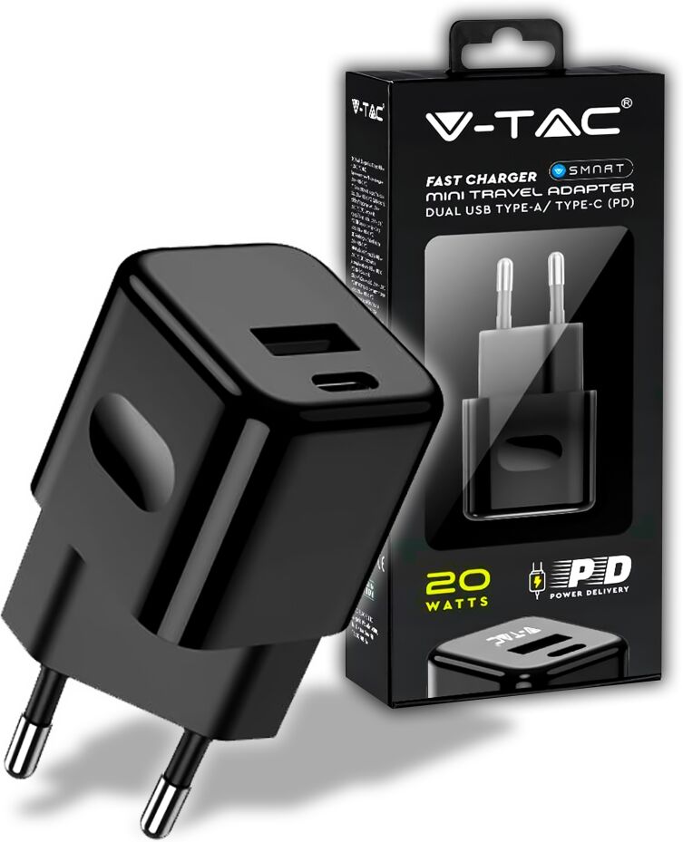 V-Tac Vt-5320-B Caricabatteria Usb Ricarica Rapida 20w 1 Pd+1 Qc 3a Adattatore Da Viaggio Nero- Sku 6677