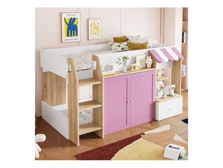 Odikalo Kinderbett Hausbett hochbett 90x200 mit offen Stauraum Kletterleiter Massivholz