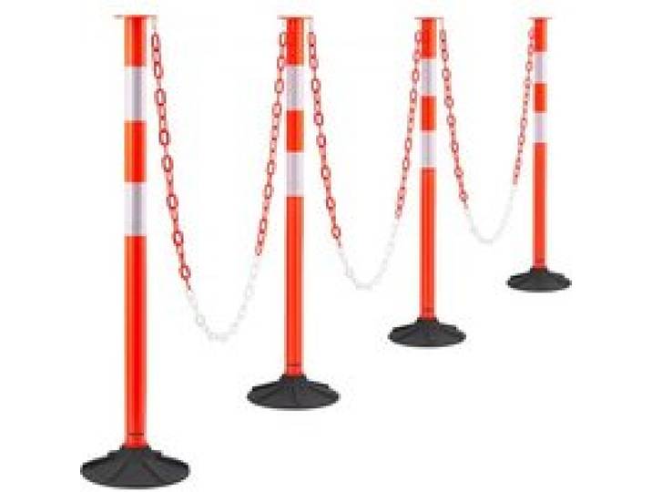 VEVOR Poteau de Signalisation 4PCs 87,1 cm, Balise de Délimitation avec Base Lestée, Bandes Réfléchissantes et Chaîne, Délinéateur de Circulation pour Contrôle des Foules, Chantier Parking, Rouge