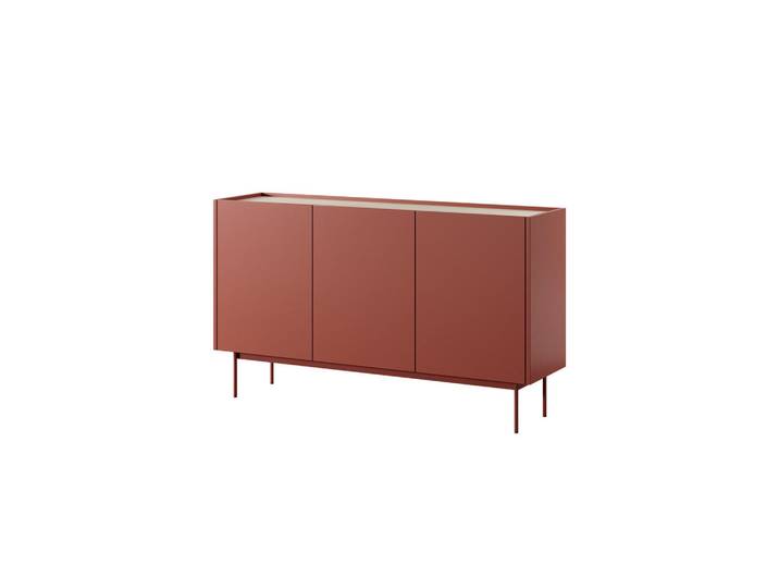 Ravio Moderne Kommode Lumo K3D (Ceramic Red, Eiche Linea, Metallfüße, Soft-Close), Rot, Eichefarben, Rechteckig, 144x83x37 cm, Kleinmöbel, Kommoden, Sideboards